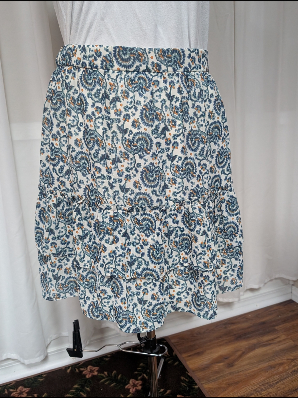 J. Crew Factory Blue and Cream Floral Tiered Skirt